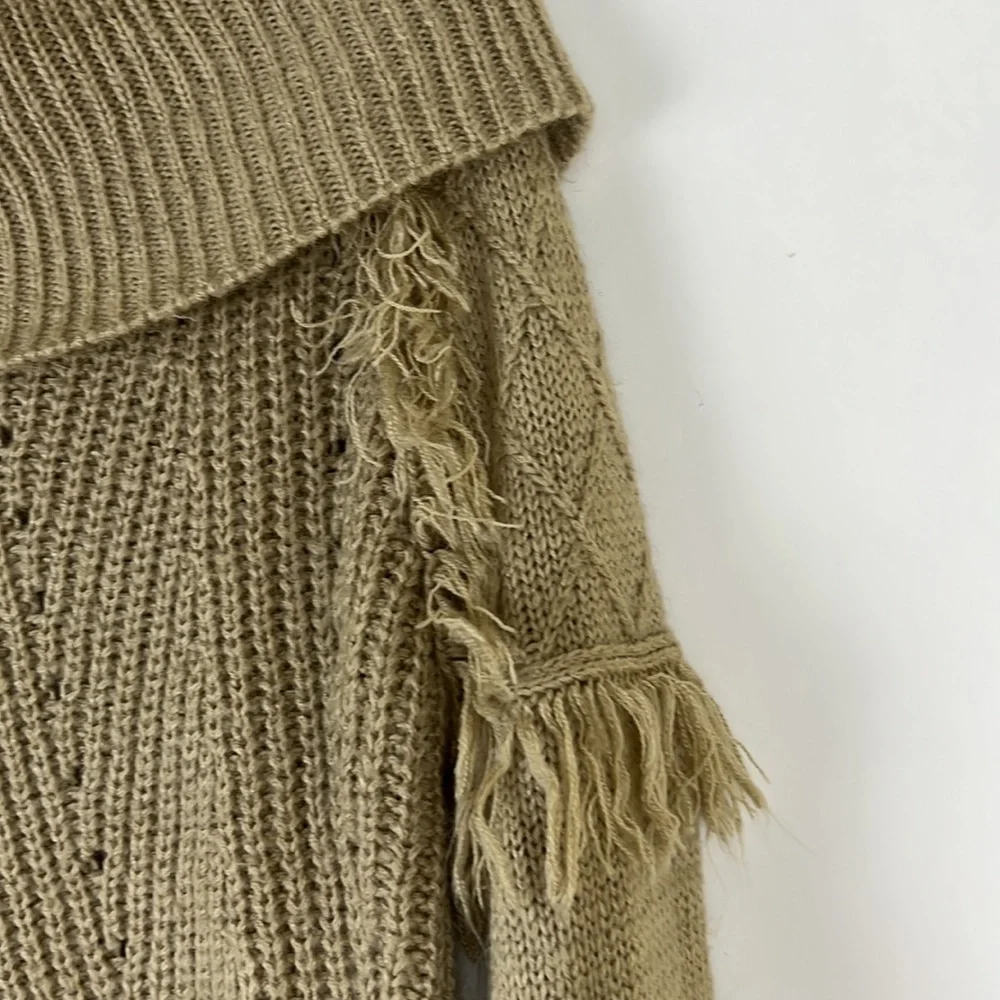 KNOX ROSE cowl shoulder tight knit sweater tan with fringe S - Picture 4 of 8